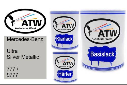 Mercedes-Benz, Ultra Silver Metallic, 777 / 9777: 1L Lackdose + 1L Klarlack + 500ml Härter - Set, von ATW Autoteile West.